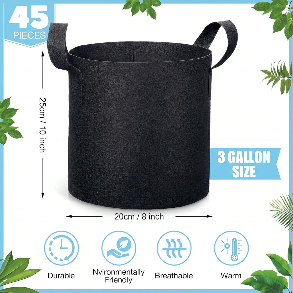 Potchen 45 Pack Grow Bags Aeration Fabric Planter Pots Nonwoven Grow Bags with Handles Black Plant Container Bucket for
