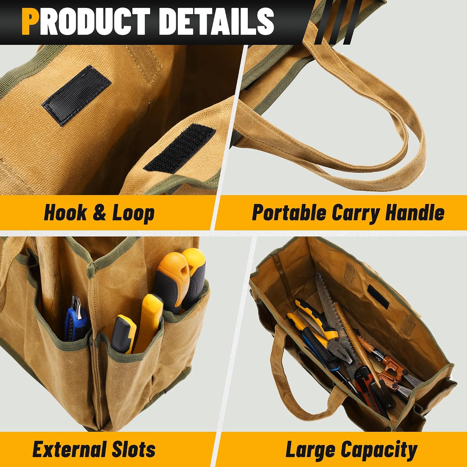 16OZ Waxed Canvas Tool Tote Bag | Large-Capacity Tool Storage Tote with 10 External Pockets | Multi-Purpose Garden Tool