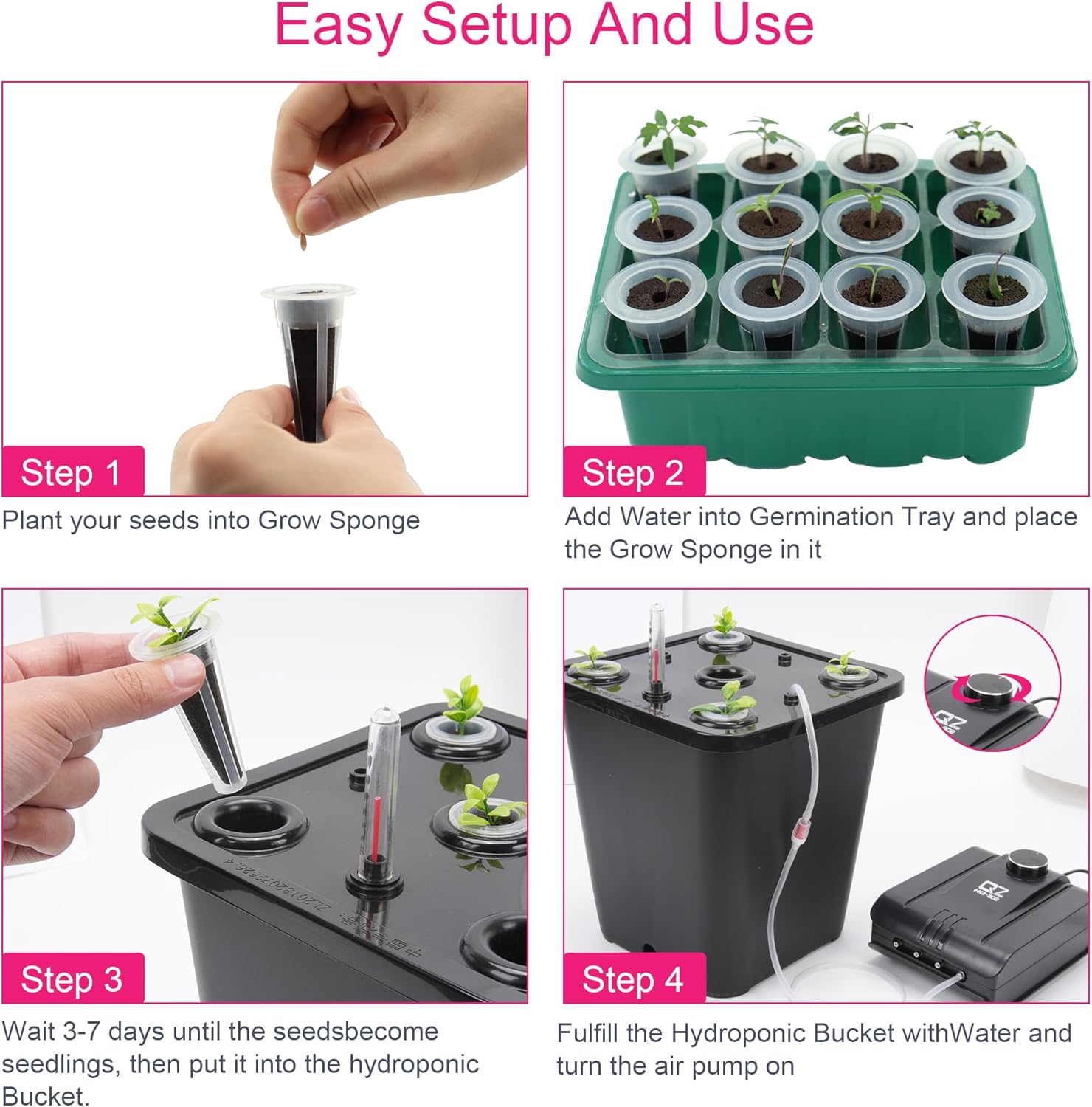 4 Hydroponic Buckets Kit for Plants, Hydroponics Growing System for Herbs/Tomato/Vegetables, DWC System with Air Pump &