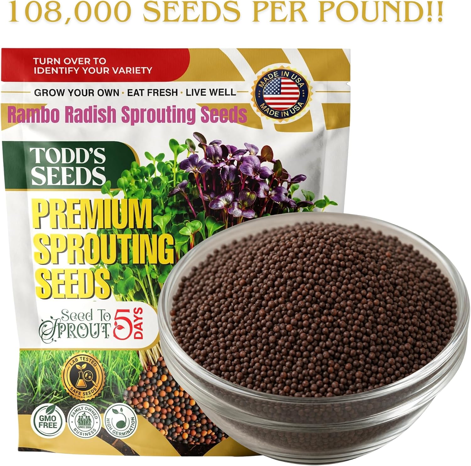 Todd's Seeds Radish Microgreen Seeds, 1 lb – Non-GMO | Rambo Variety, Bulk - Striking purple sprouts. High in vitamins