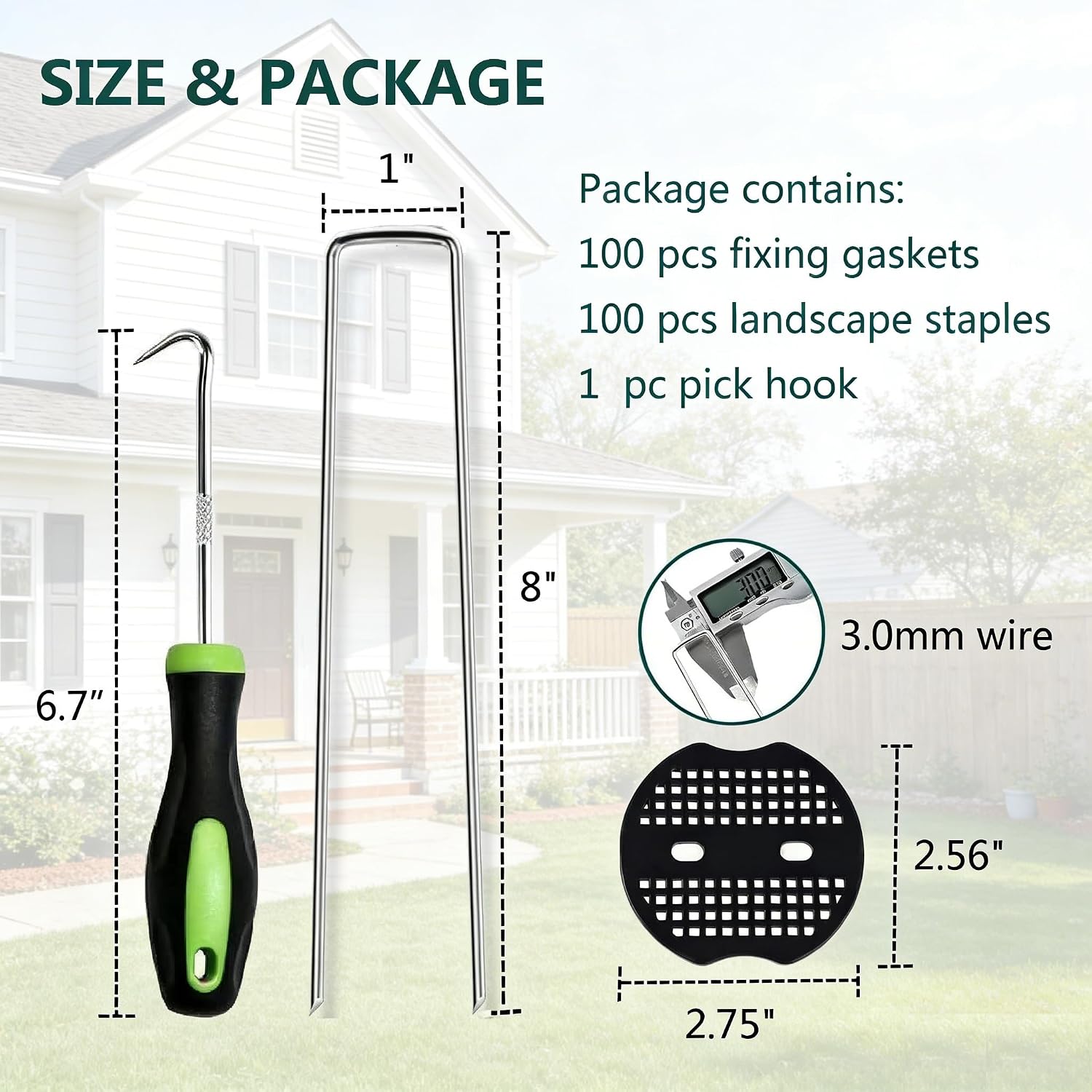 8 Inch 100 PCS Galvanized Landscape Staples with 100 PCS Gasket, Landscape Fabric Pins Stakes Lawn Ground Cover Graden