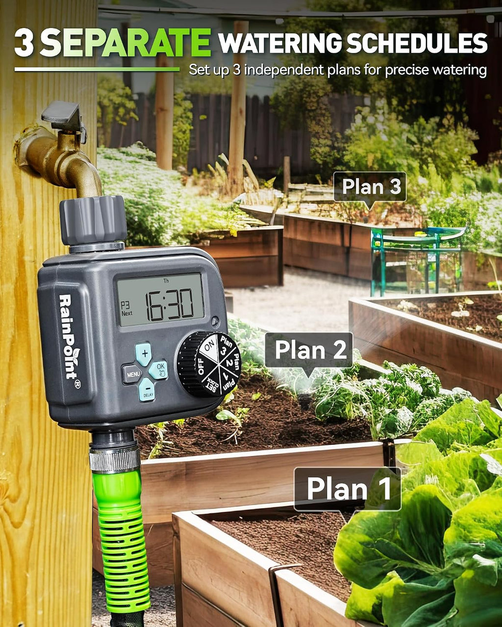 RAINPOINT Sprinkler Timer with 3 Independent Programs, Hose Timer with Rain Delay/Manual/Automatic Irrigation System
