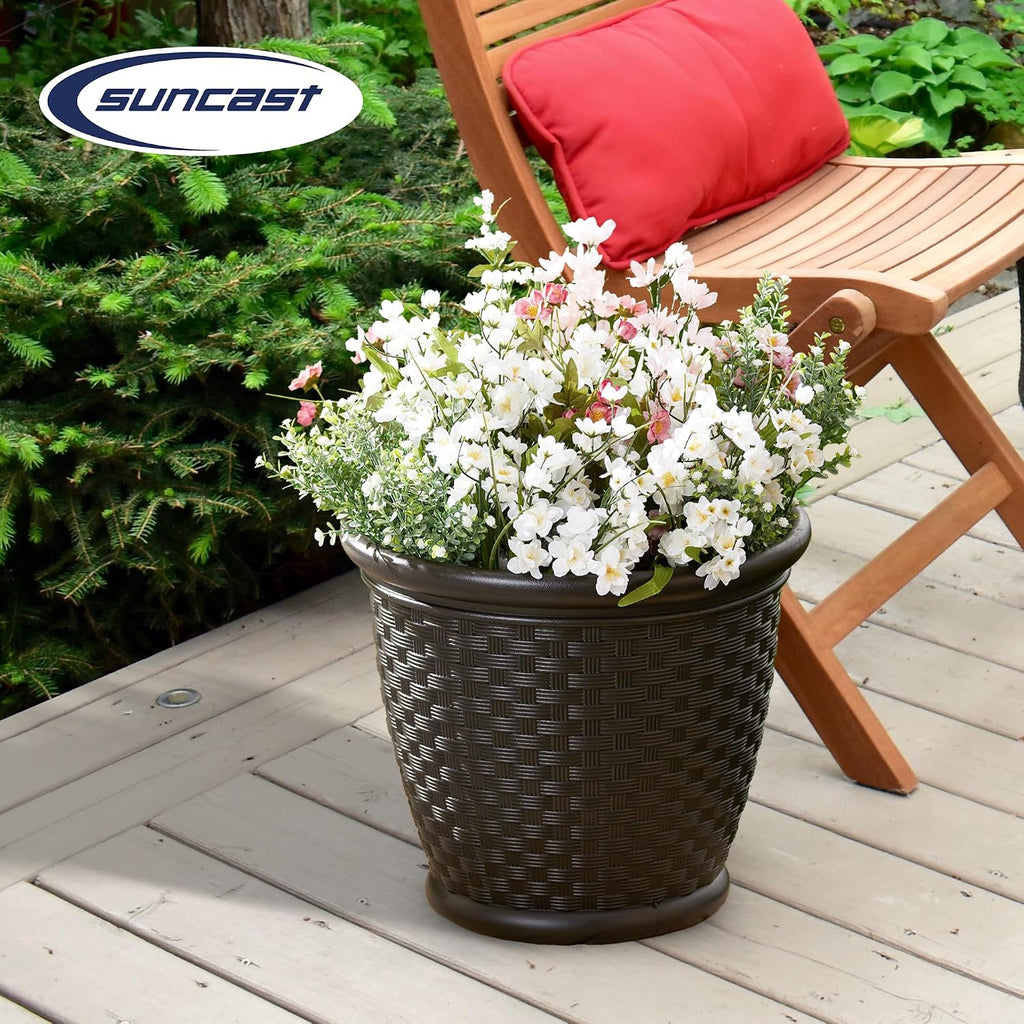 Suncast Sonora 18 Inch Lightweight Durable Plastic Wicker Decorative Flower Planter Pot for Yard, Garden, Indoor or