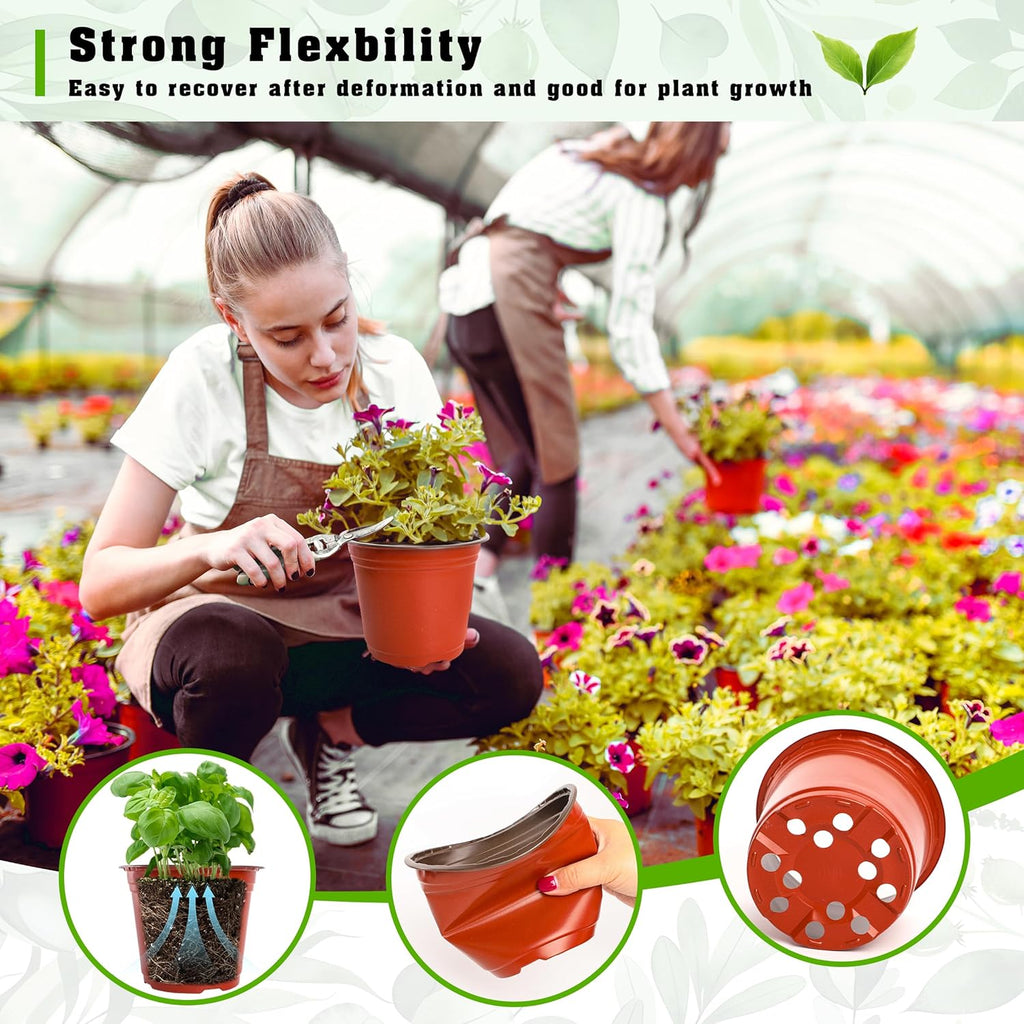 TDHDIKE 6" Plastic Plant Nursery Pots 200Pcs with 200 Labels | Red Seedling Flower Containers, Indoor/Outdoor Seed