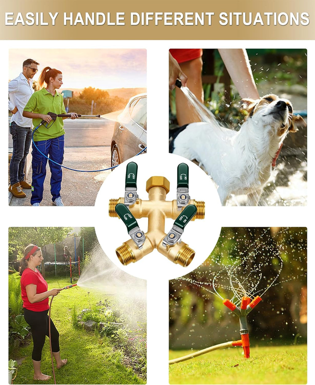 EBH Garden Hose Splitter 4 Way, Heavy Duty Solid Brass Hose Splitter with Shutoff Valves, Water Spigot Splitter With