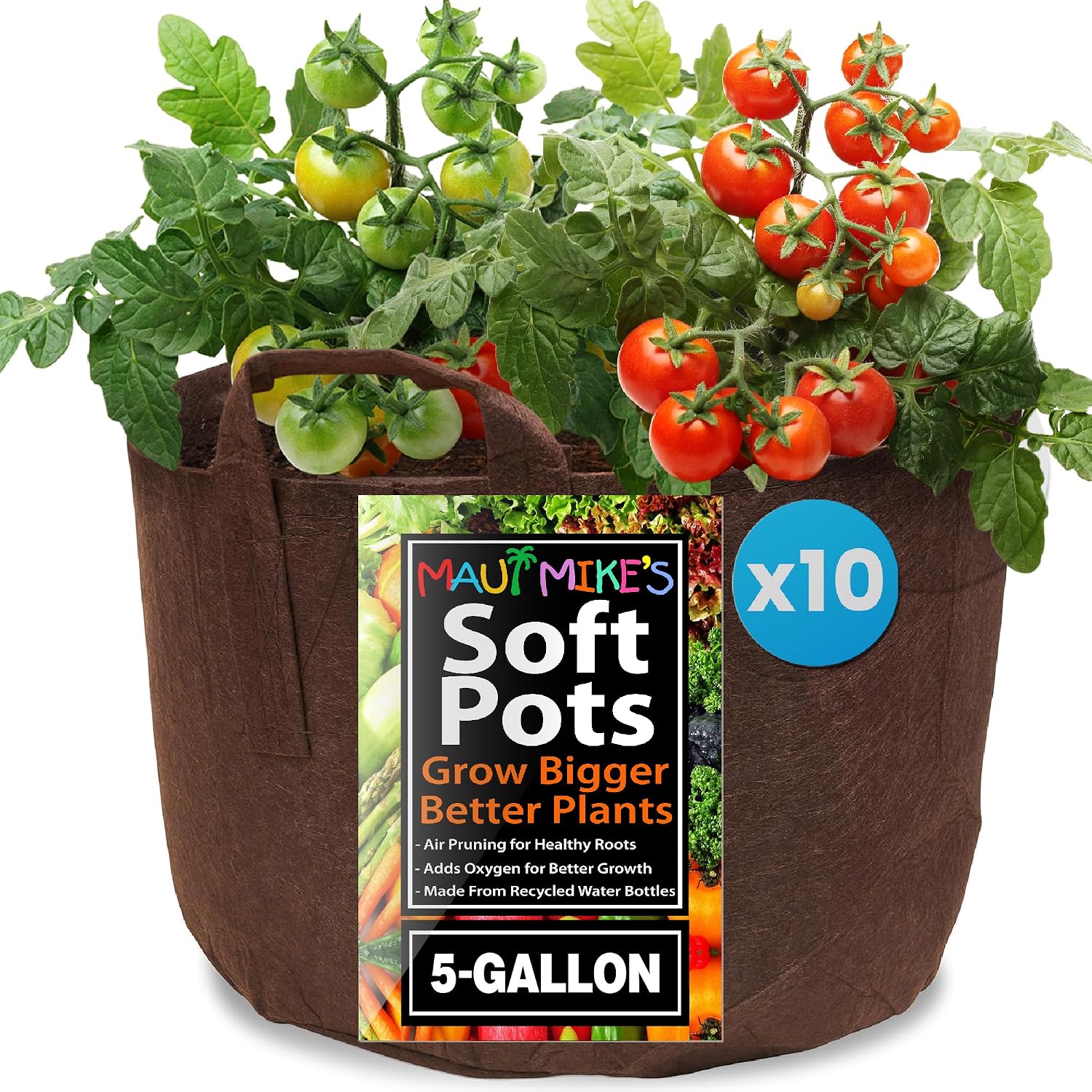Best Root Pouch (5 Gallon)(10 Pack)(11"w x 10.25"H) Garden Grow Bag Container With Handles. Grow Bigger and Healthier
