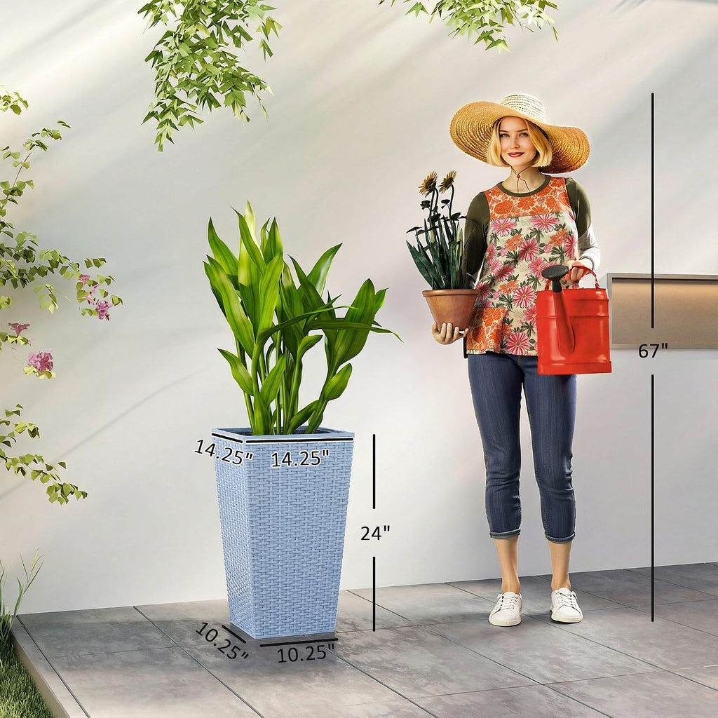 Outsunny 24 in Taper Tall Planters for Outdoor Plants Set of 3, Light Gray | with Drainage Holes, Rattan Decor Plant