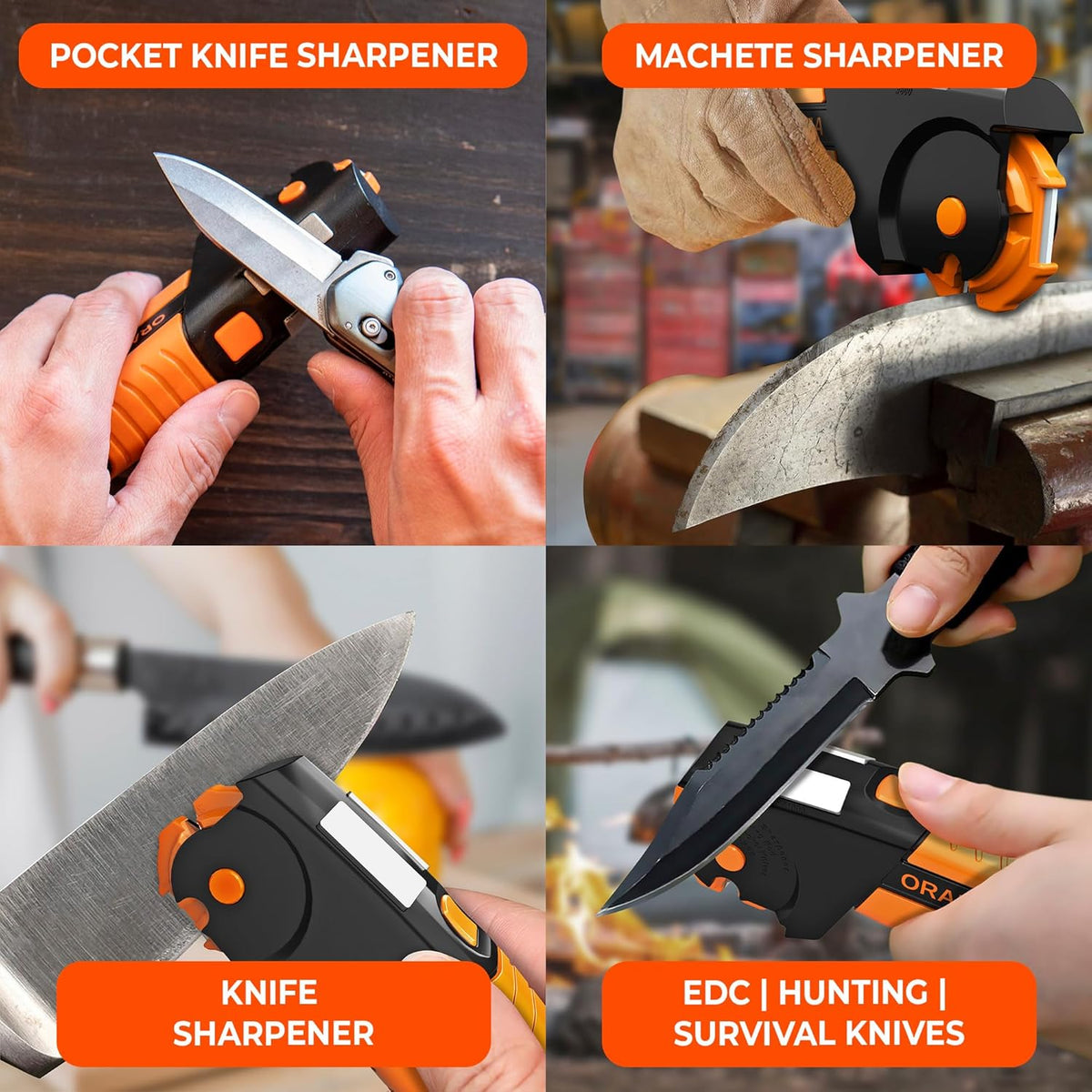 Orange Ninja 7-in-1 Garden Tool & Knife Sharpener- One Tool for Every Blade | Sharpens Axes, Hatchets, Machetes