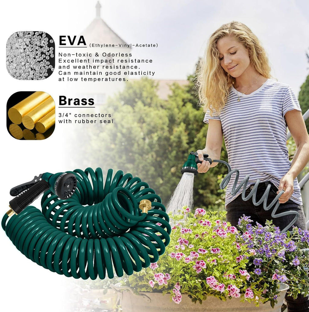 Coil Hose 50FT EVA Coil Garden Hose With 3/4'' Brass Connector Coiled Water Hose Lightweight And No Kink Includes 7