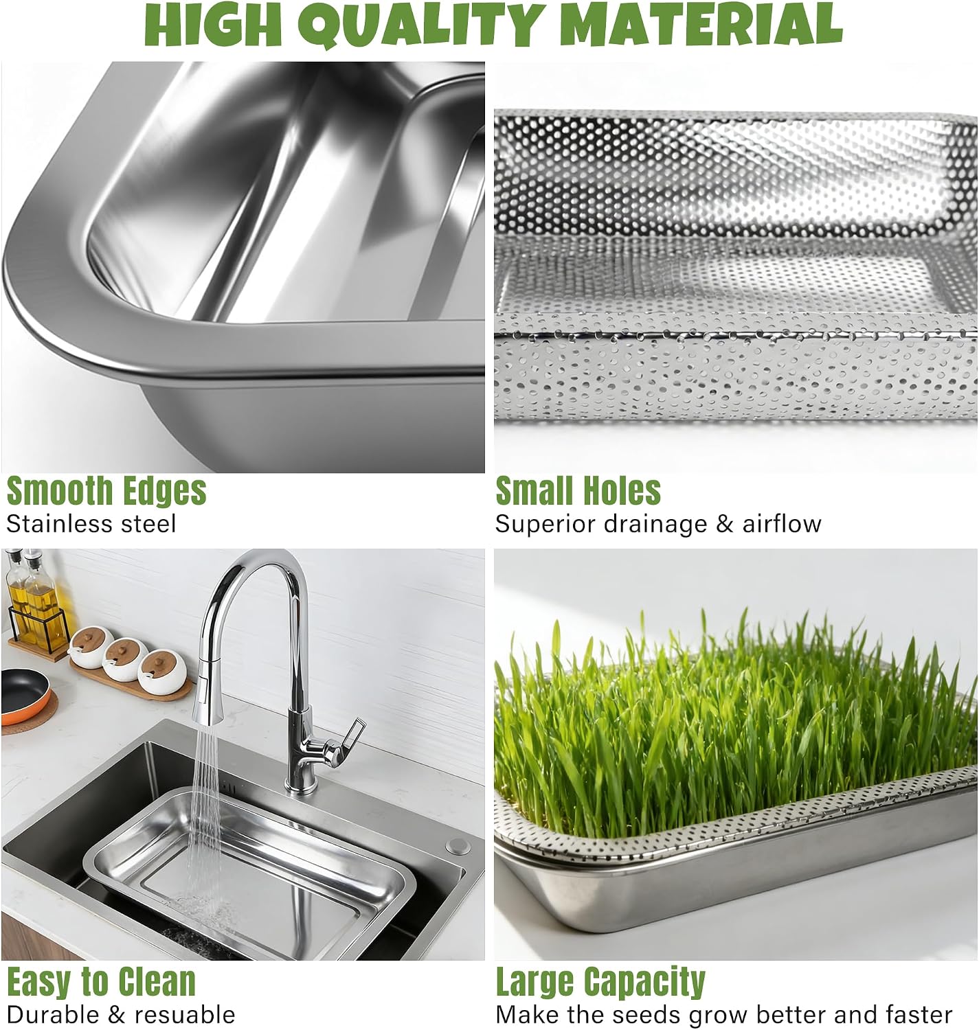 2 Pack Stainless Steel Seed Sprouter Trays, 2-Tier Soil-Free Microgreens Growing Kit, Rust-Free Sprouting Tray with