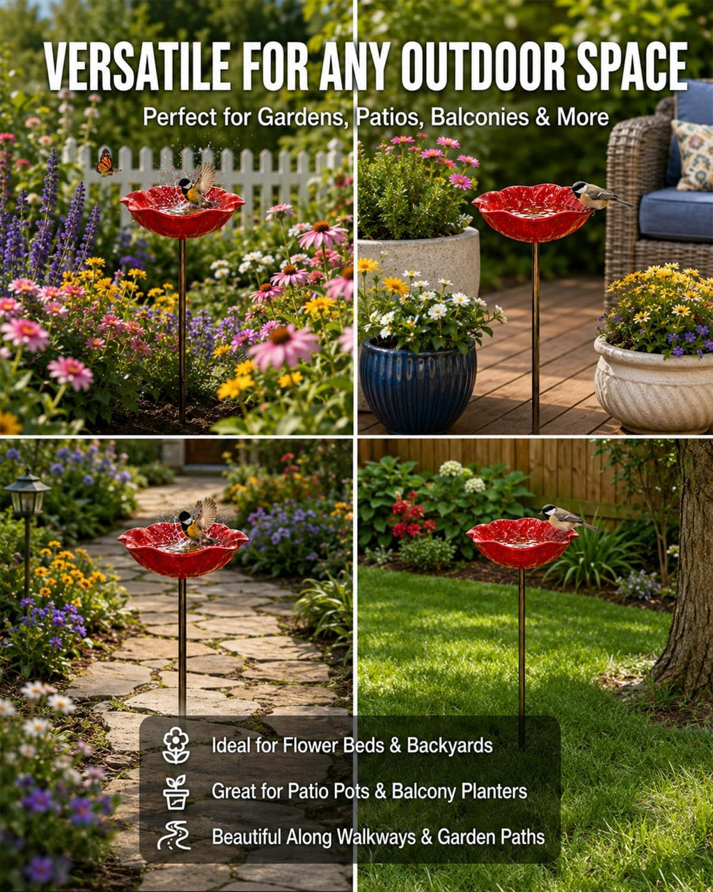 Handmade Metal Flower Garden Stakes, Outdoor Mini Bird Bath Decor, Bee Watering Station for Bird, Pollinator &