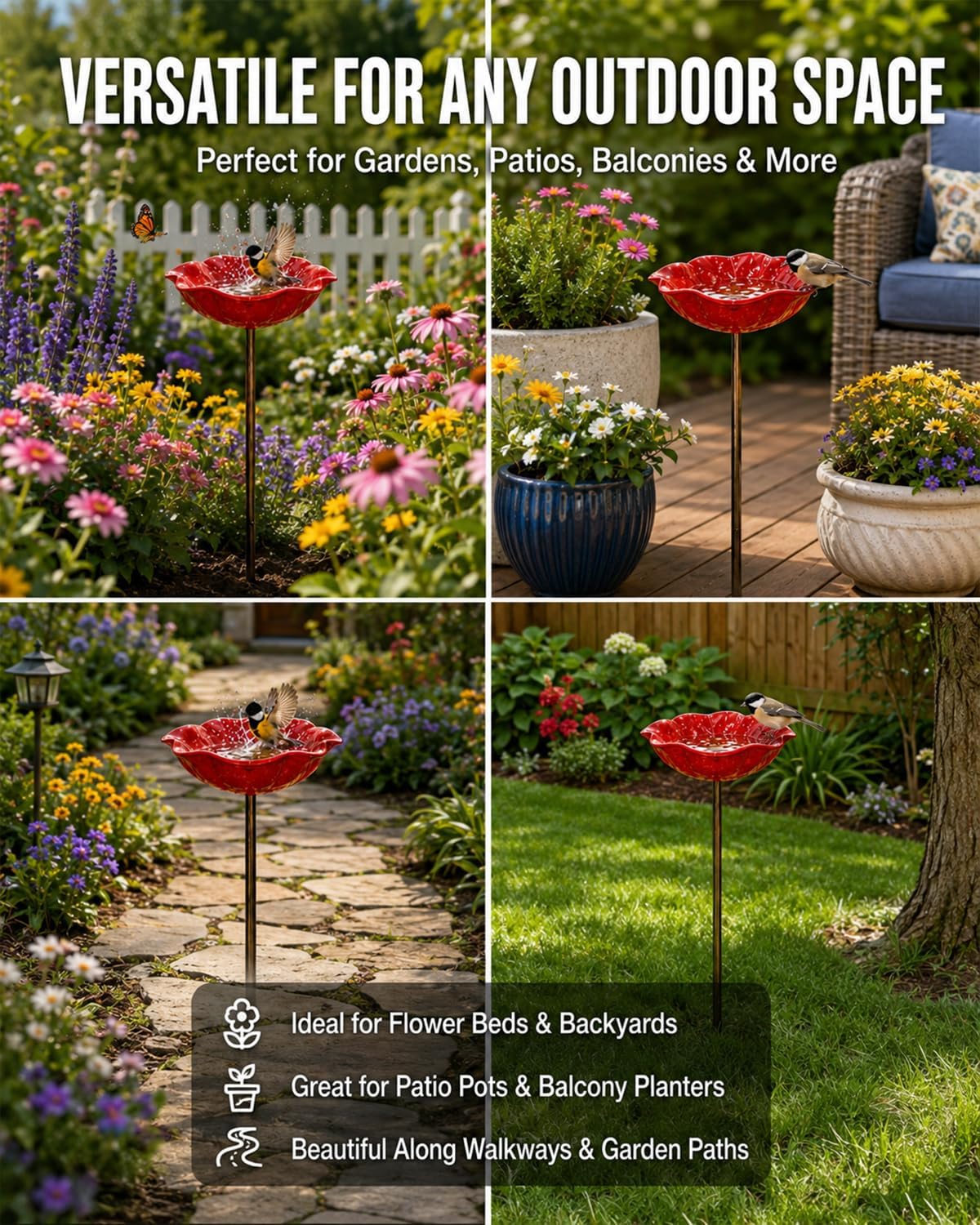 Handmade Metal Flower Garden Stakes, Outdoor Mini Bird Bath Decor, Bee Watering Station for Bird, Pollinator &