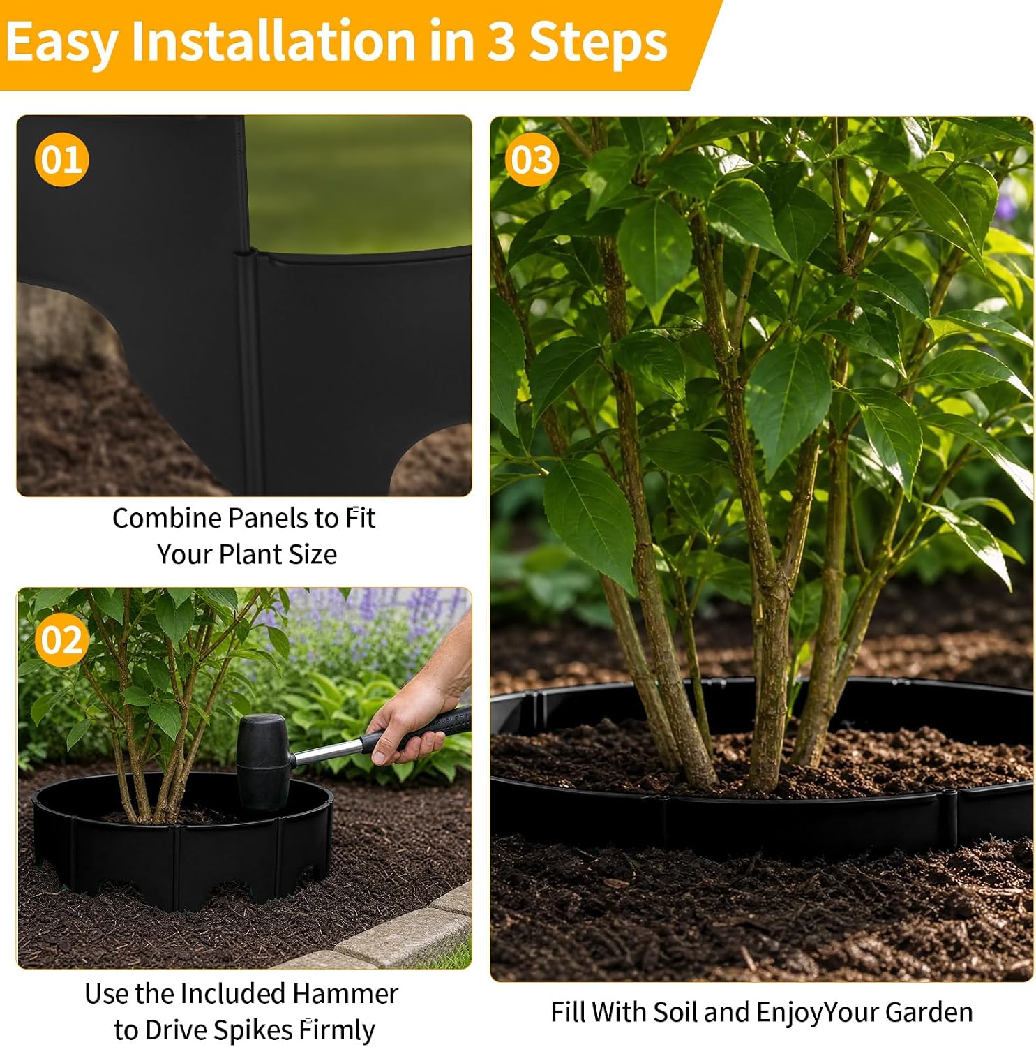 24 PCS Interlocking Planting Grow Rings Panels with Hammer, Black | Snap-together Components, Custom Rings in Varied