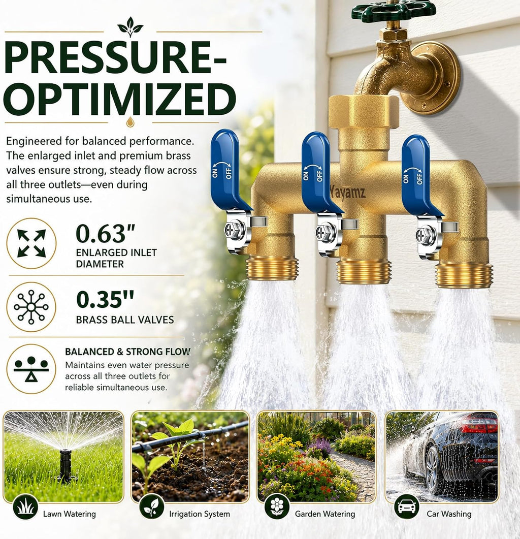 3 Way Garden Hose Splitter, 3/4" GHT Brass Hose Splitter | Wide Spacing Fits Large Timers, 90° Downward Outlets, 3/4"