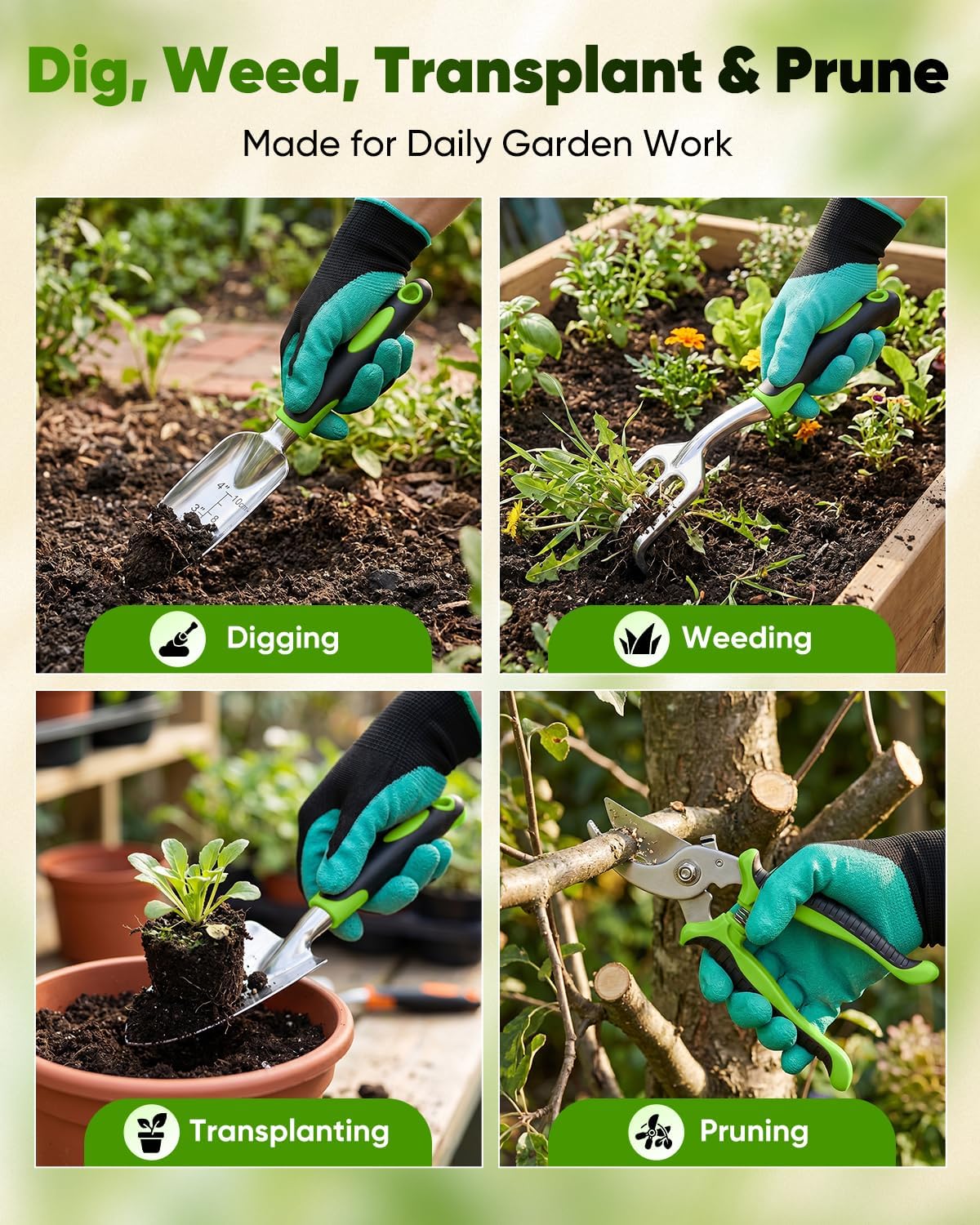 Garden Tool Set Gardening Tools - Heavy Duty Aluminum Tool Kit with Non-Slip Handle, Gardening Gloves and Tool Bag for