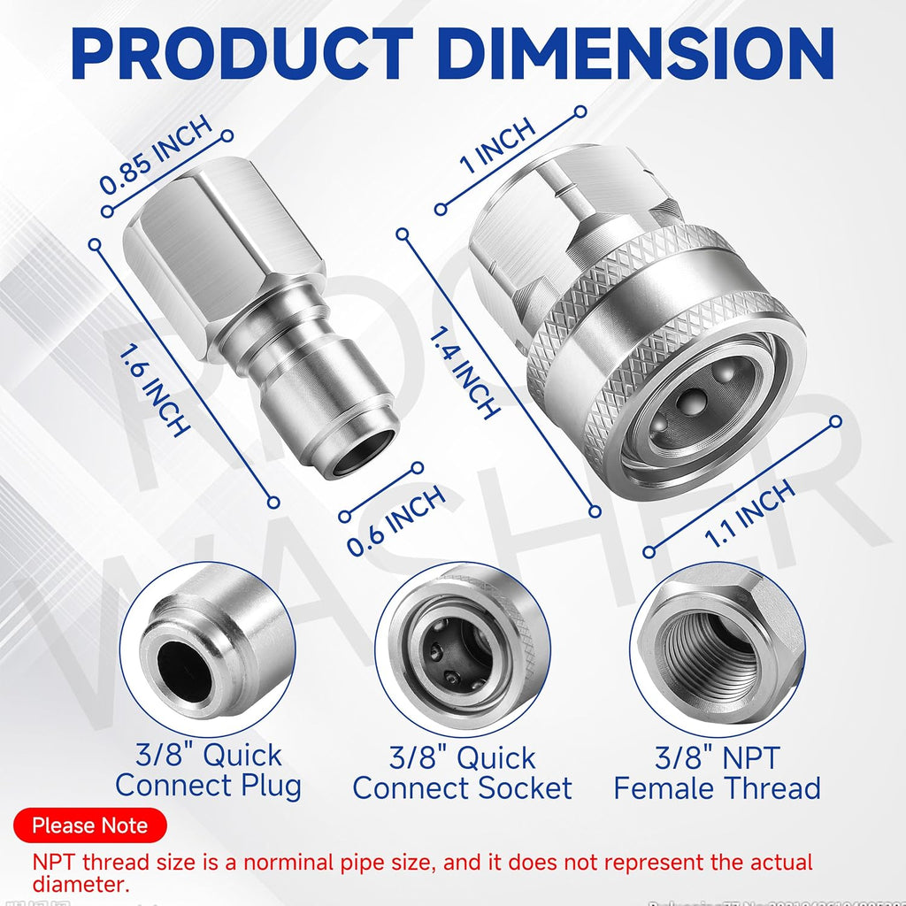 3/8" Pressure Washer Quick Connect Kit, Female NPT Thread | Stainless Steel, 12 Pcs, 5000 PSI, Power Washer Adapter
