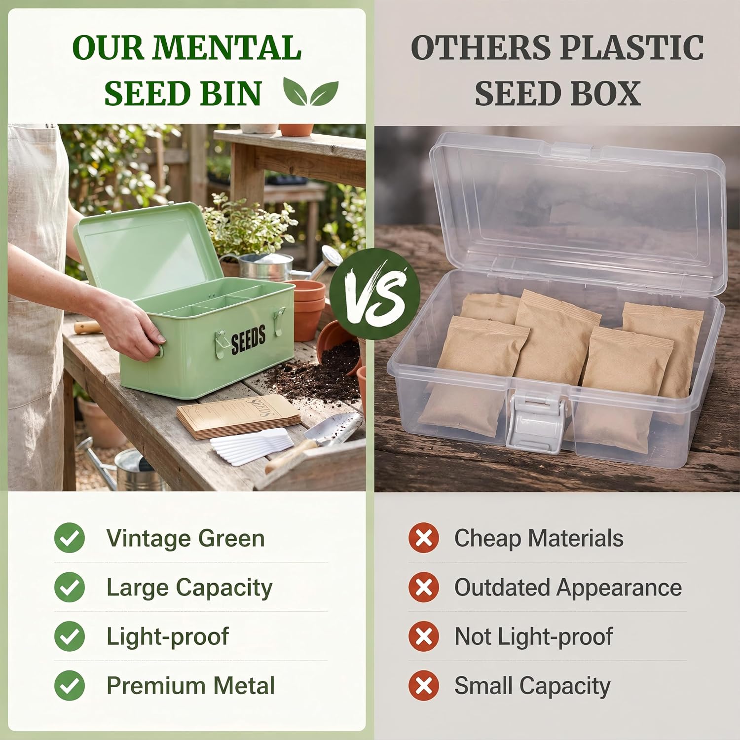 Seed Saving Box with 4 Compartments, Large Metal Seed Organizer Packet Container with Lid & Safety Locks, Garden Seed