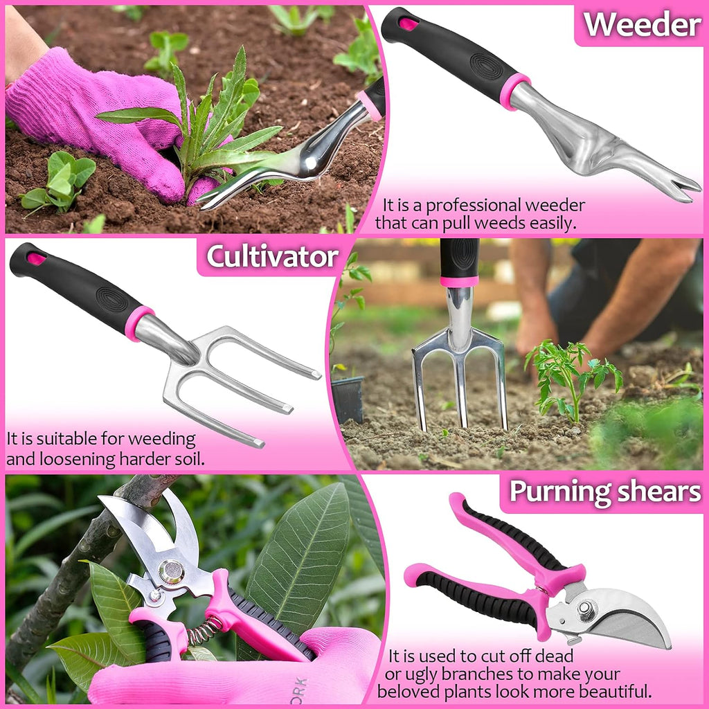 THINKWORK Pink Garden Tools, Gardening Gifts for Women, with 2 in 1 Detachable Storage Bag, Trowel, Transplanter, Rake