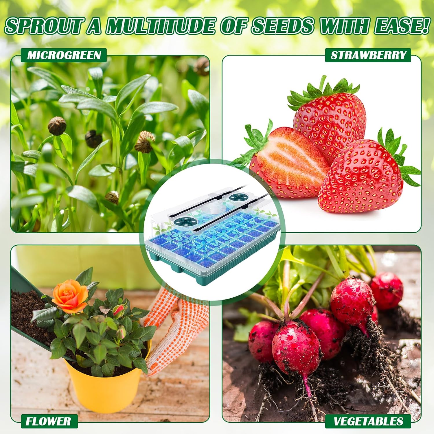 FillTouch 2 Packs 80 Cells Seed Starter Trays Kit with 4 Grow Light Seed Starter Kit Seedling Starter Trays with