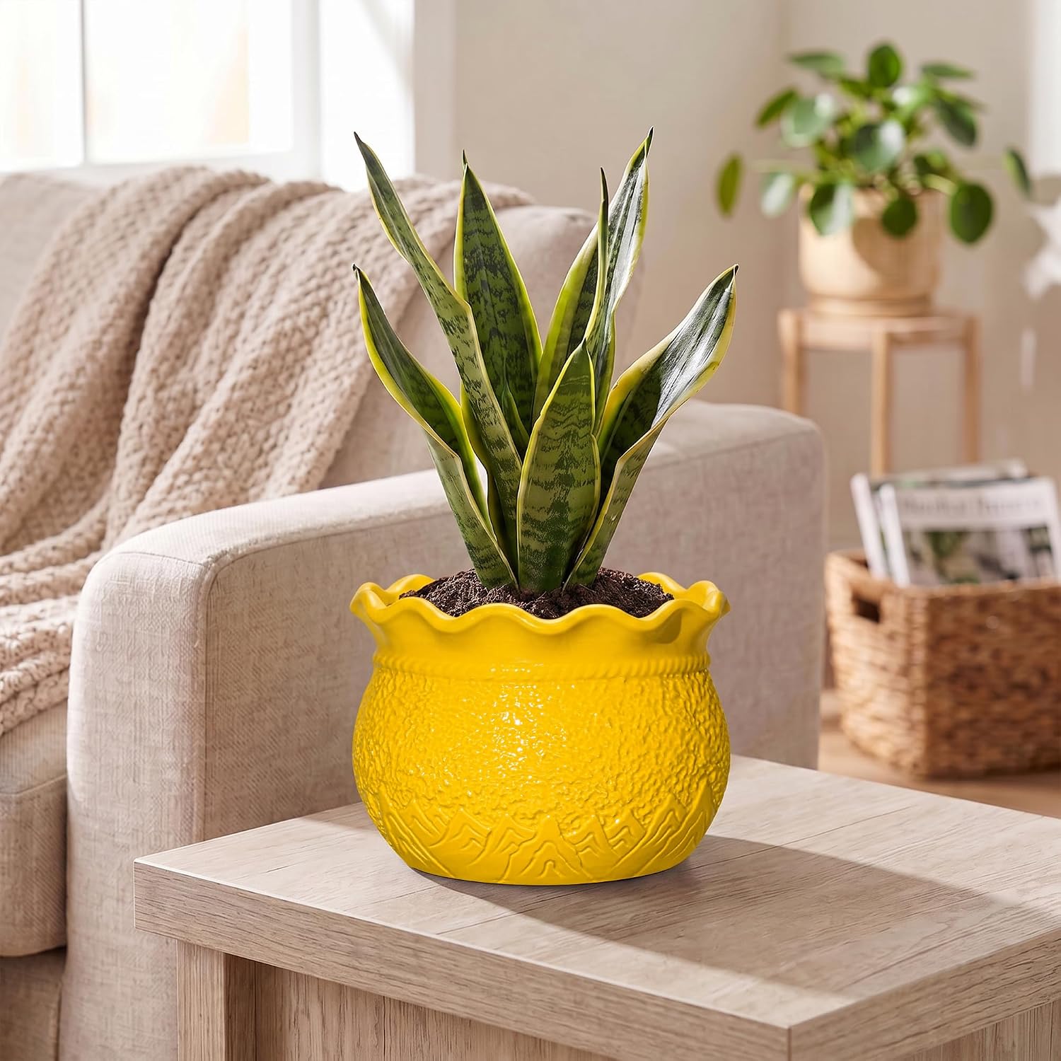 Ceramic Plant Pots, 6 Inch Indoor Planter with Drainage, Yellow | Decorative Flower Pots for Indoor Plants, Unique