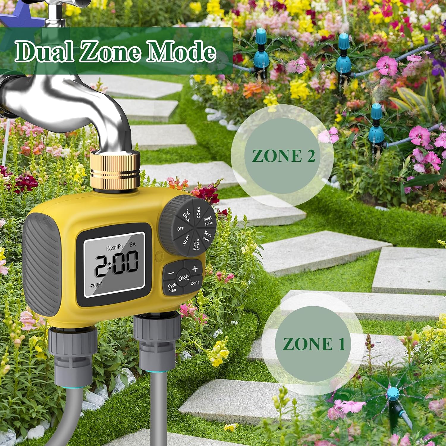 150FT Drip Irrigation System Kit with 2 Zone Water Timer for Garden | High-Flow Mainline Automatic Watering System