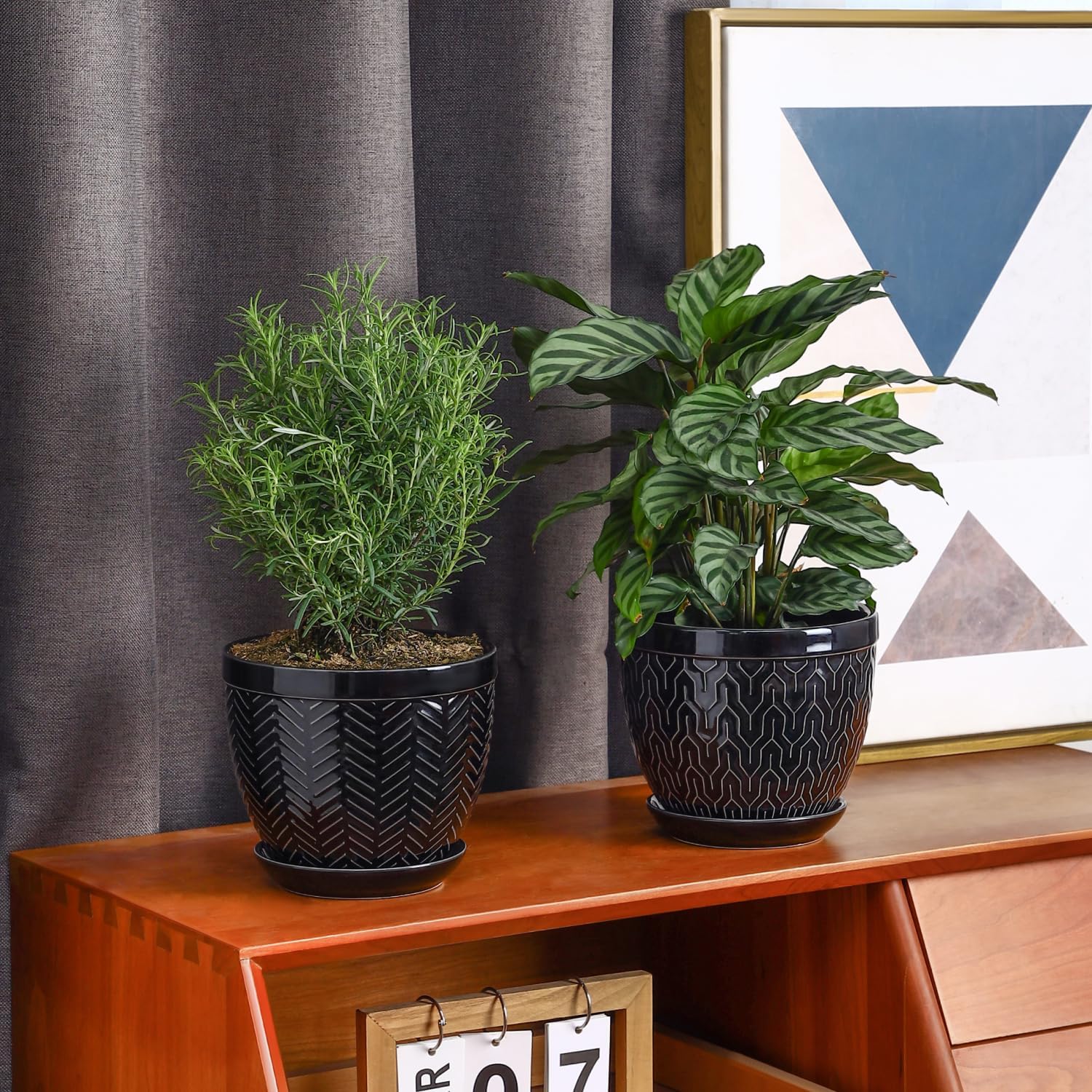 Sureasy 6.5 Inch Ceramic Plant Pots, Embossed Decorative Planters with Drainage Hole and Saucer, Modern Flower Pots for