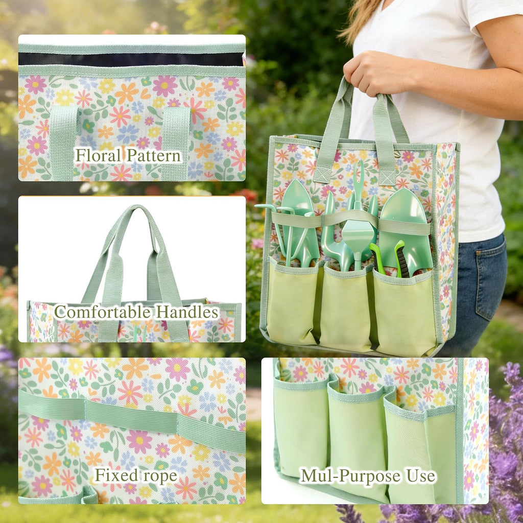 9-Piece Gardening Tool Set for Women Mom Ideal Gifts | Heavy Duty Stainless Steel Tools with Floral Organizer Handbag