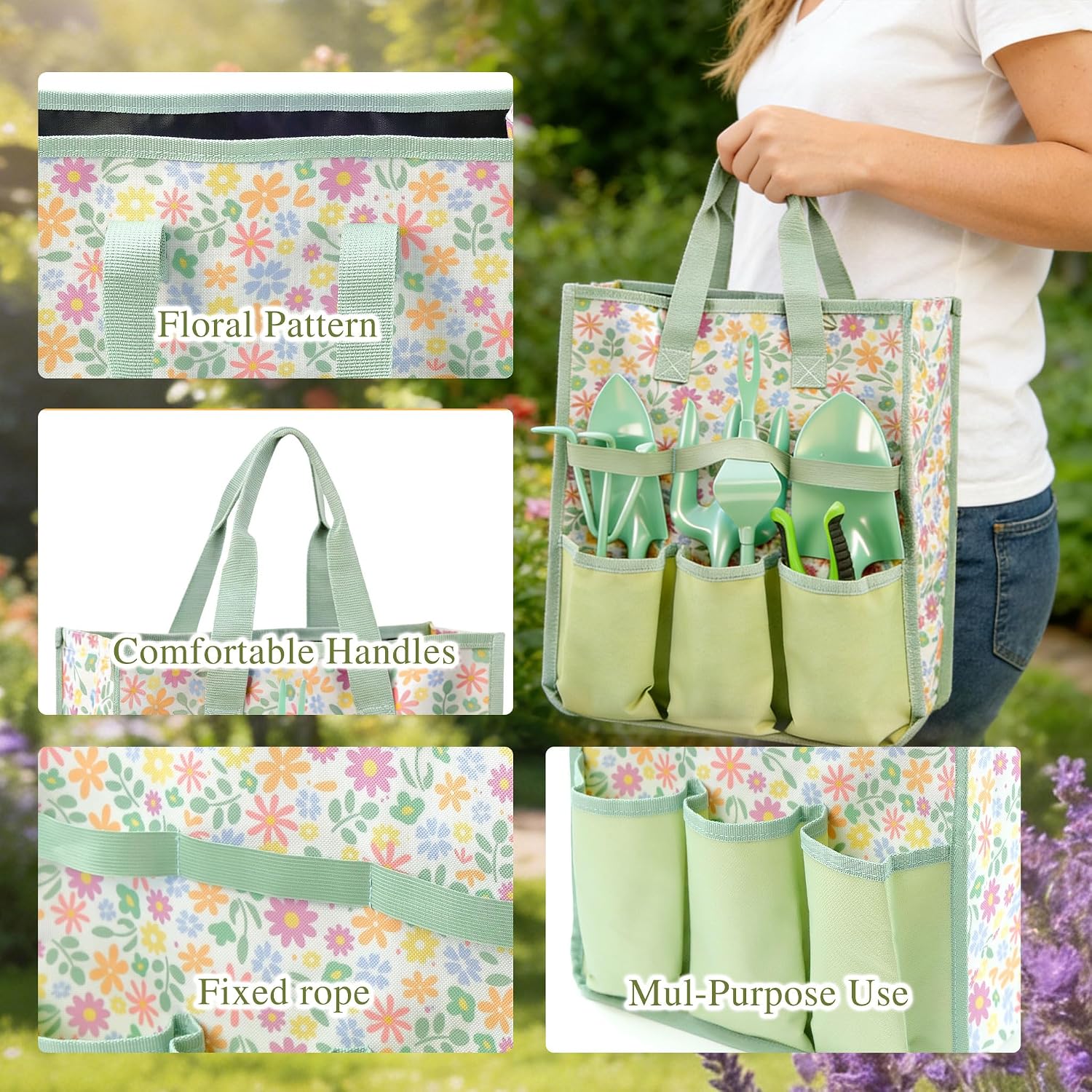 9-Piece Gardening Tool Set for Women Mom Ideal Gifts | Heavy Duty Stainless Steel Tools with Floral Organizer Handbag