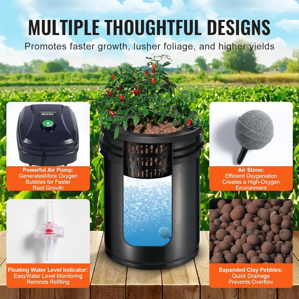 VEVOR RDWC Hydroponics Grow System, Hydroponic Growing Kit with Top Drip, Recirculating Deep Water Culture 4 Buckles