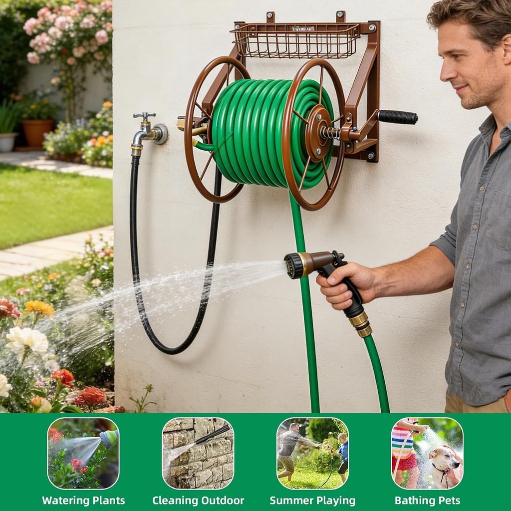 Wall Mount Garden Hose Reel, Heavy Duty Metal Holds 155ft 5/8" Hose | Solid Brass Fittings, No Leaks, Rust-resistant.