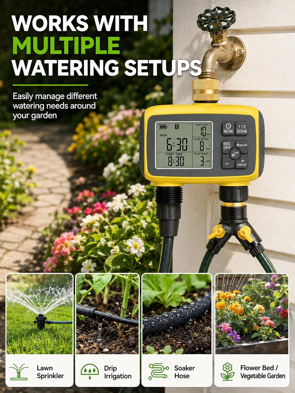 Hose Timer 2 Outlet, 2 Zone Programmable Sprinkler Timer with Rain Delay & Manual Mode, Heavy Duty Digital Timer for