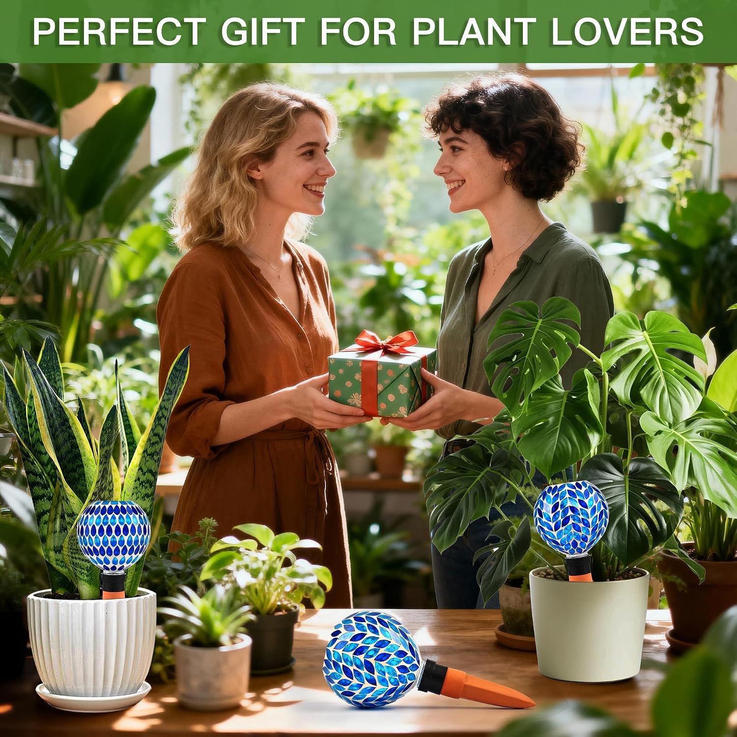 VOREEN Blue Mosaic Self Watering Globes 2 Pack, 500ml Handmade Glass Terracotta Plant Spikes, Automatic Self Watering