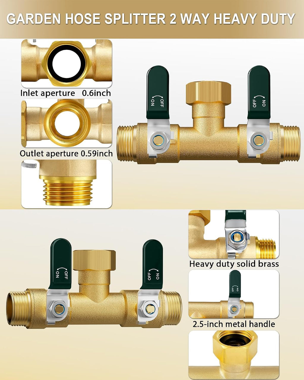 EBH Garden Hose Splitter 2 Way, Heavy Duty Solid Brass Hose Splitter with Shutoff Valves, Water Spigot Splitter With