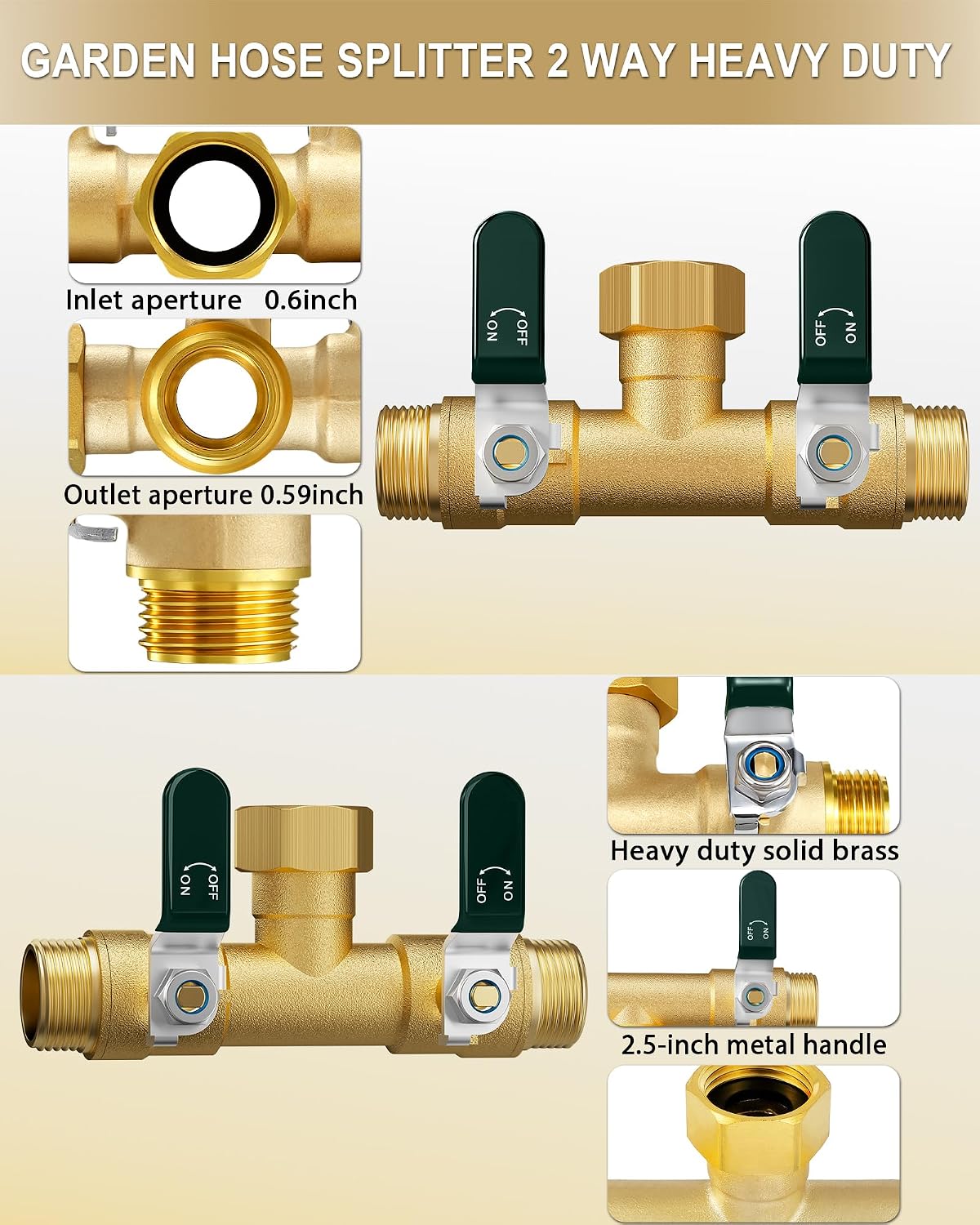 EBH Garden Hose Splitter 2 Way, Heavy Duty Solid Brass Hose Splitter with Shutoff Valves, Water Spigot Splitter With