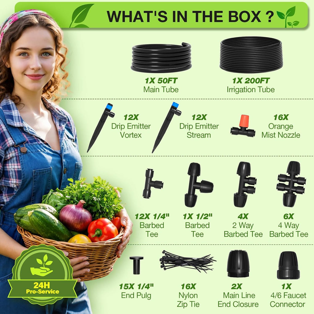 MIXC 250FT Drip Irrigation System Kit, Quick-Connect Garden Misting Watering System with 1/2” 1/4” Tubing Adjustable