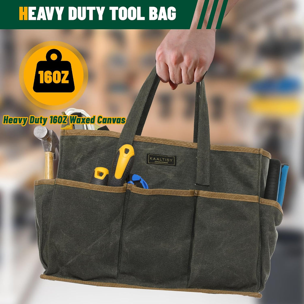 Tool Tote Bag, Heavy Duty 16oz Waxed Canvas Garden Tool Bag | Portable 11-Pocket Tool Storage Bag for Gardener