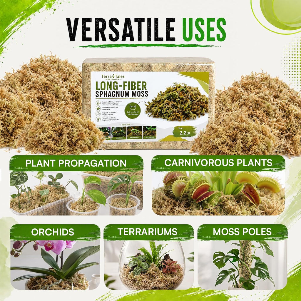 2.2LB Natural Long Fiber Sphagnum Moss Compressed Brick Expands to 60QT, Premium Orchid Moss for Repotting, Carnivorous