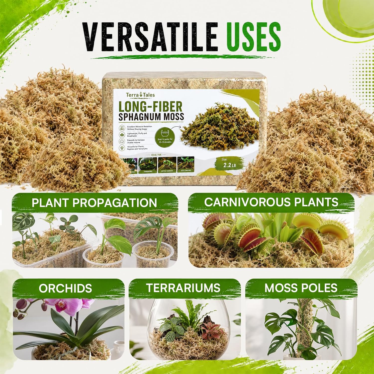2.2LB Natural Long Fiber Sphagnum Moss Compressed Brick Expands to 60QT, Premium Orchid Moss for Repotting, Carnivorous