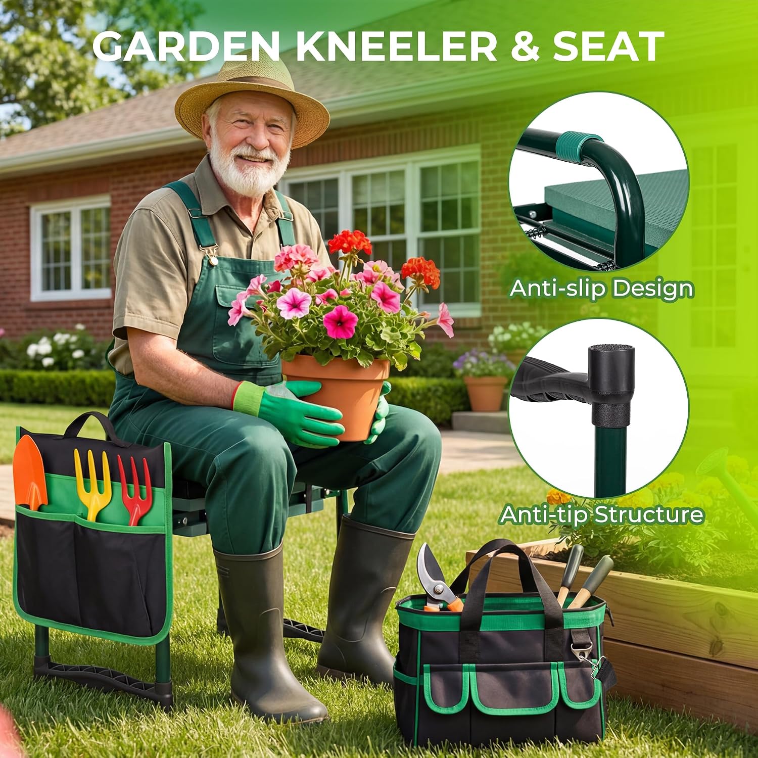 Walensee Garden Kneeler and Seat, with Wider Soft Kneeling Pad & Tool Pouch | Heavy Duty collapsible Garden Tools