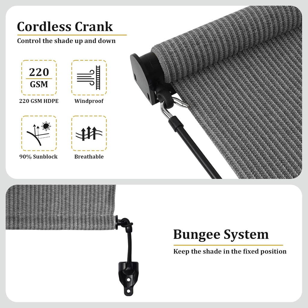 Shade&Beyond Outdoor Roller Shades with Splicing Design, 8' W x 8' H Cordless Patio Roll Up Blinds, Exterior Shade