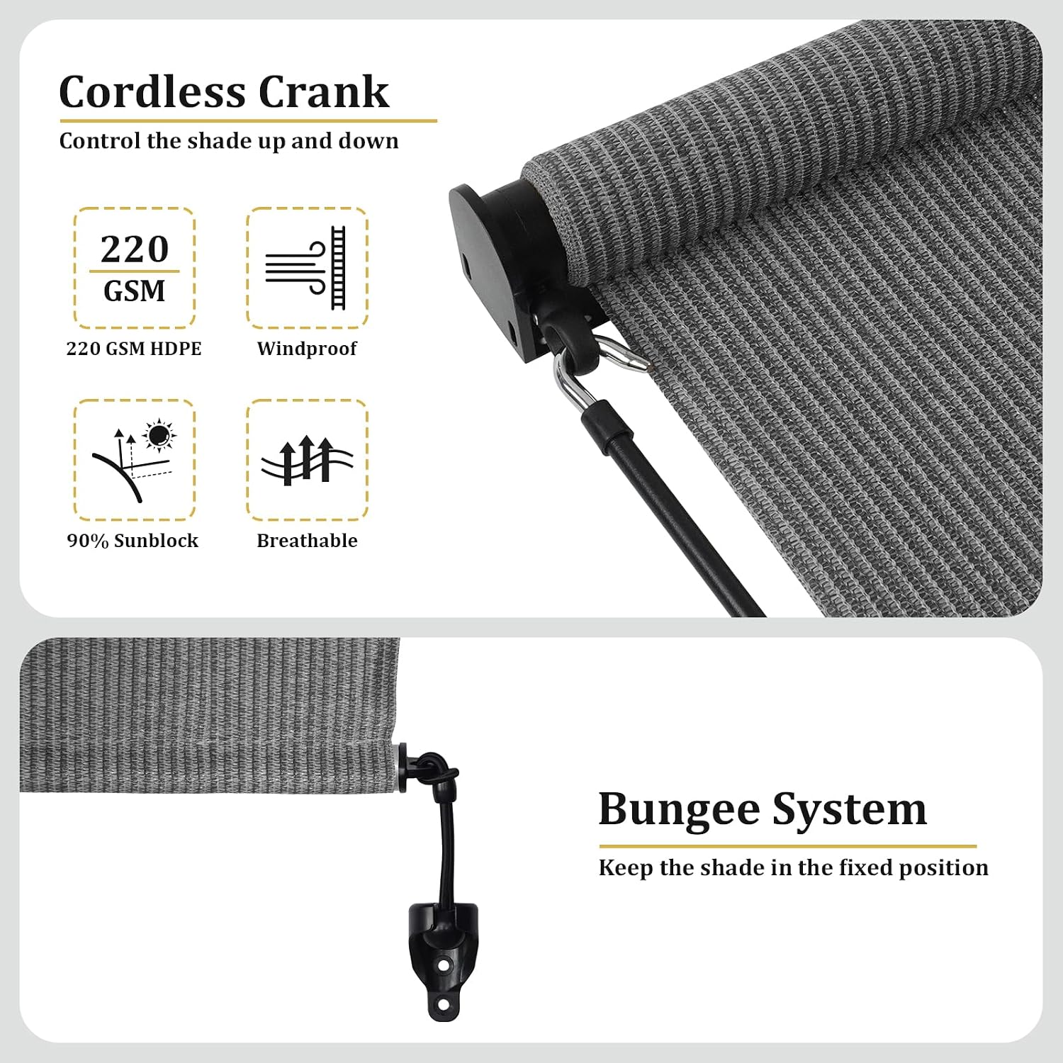 Shade&Beyond Outdoor Roller Shades with Splicing Design, 8' W x 8' H Cordless Patio Roll Up Blinds, Exterior Shade