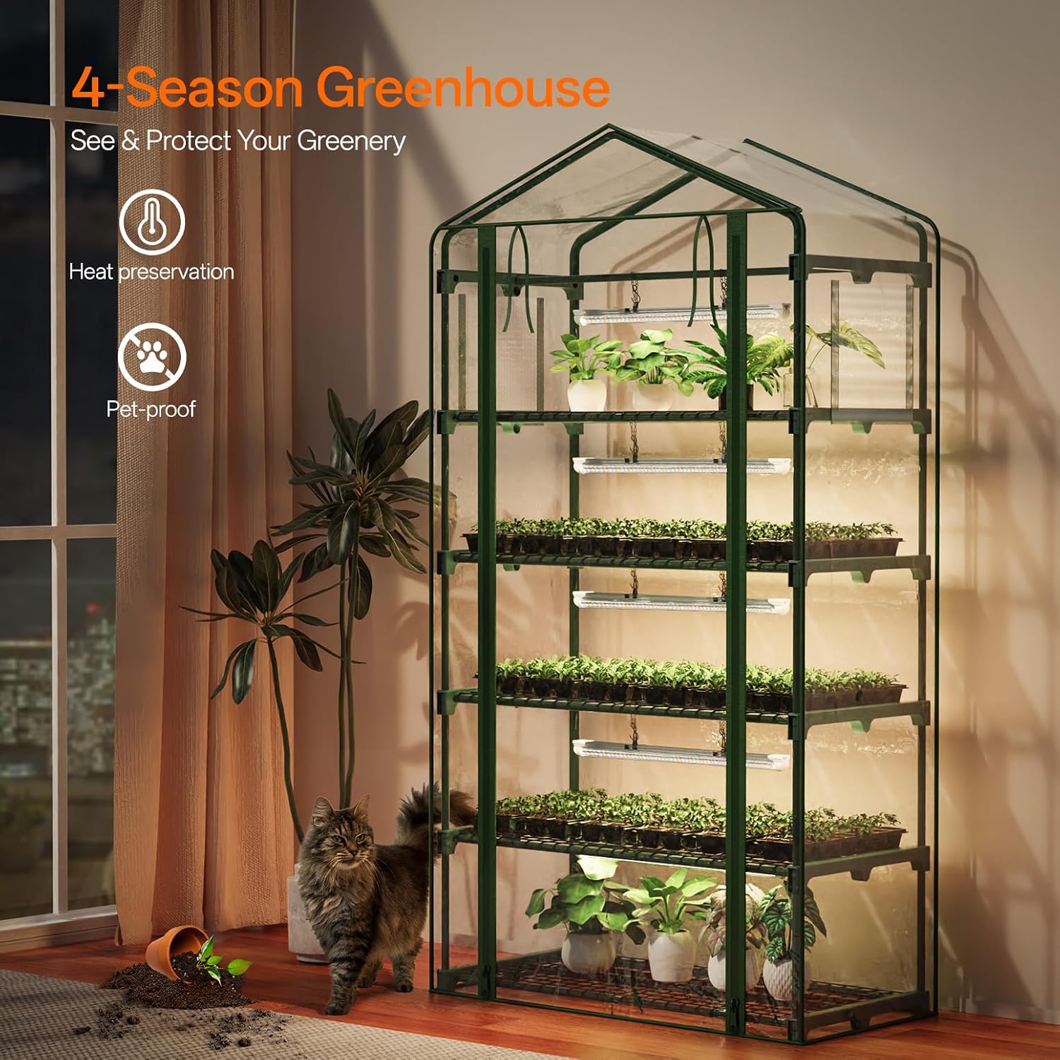Indoor Greenhouse with Grow Light, 5-Tier Large Greenhouse Cabinet | 5x24W LED Grow Lights, Clear PVC Cover, 5 Heavy