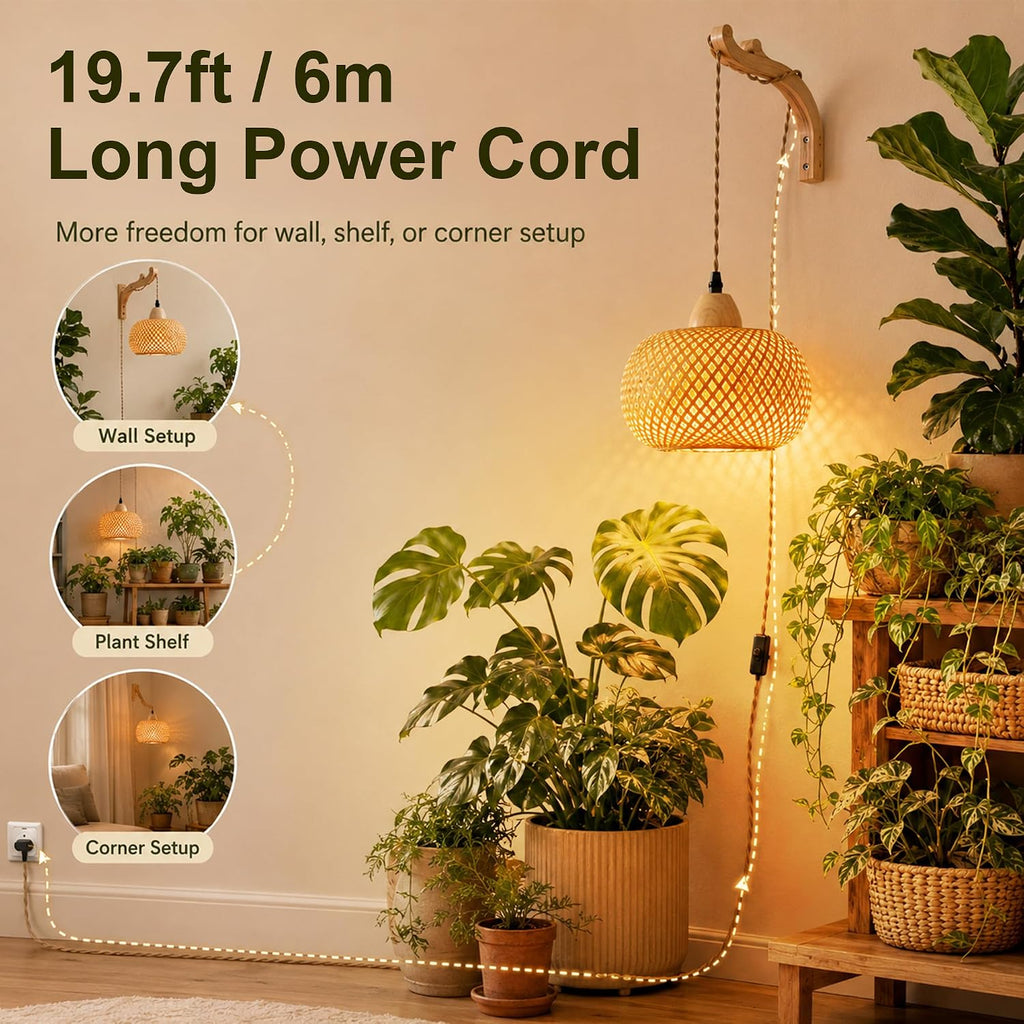 Wall Mounted Grow Lights for Indoor Plants with Timer, Hanging Light | 3500K Full Spectrum Pendant Grow Light, Rattan