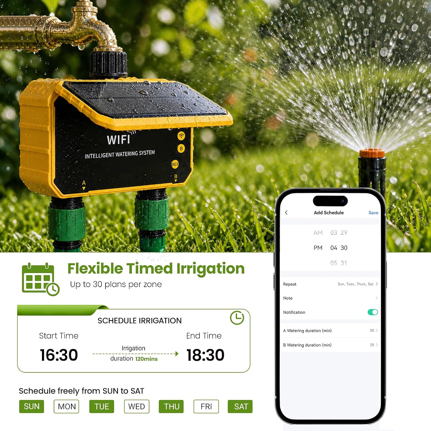 Sprinkler Timer, Solar WiFi Water Timer for Garden Hose, 2 Zone Water Sprinkler with Rain Sensor and Manual Mode via