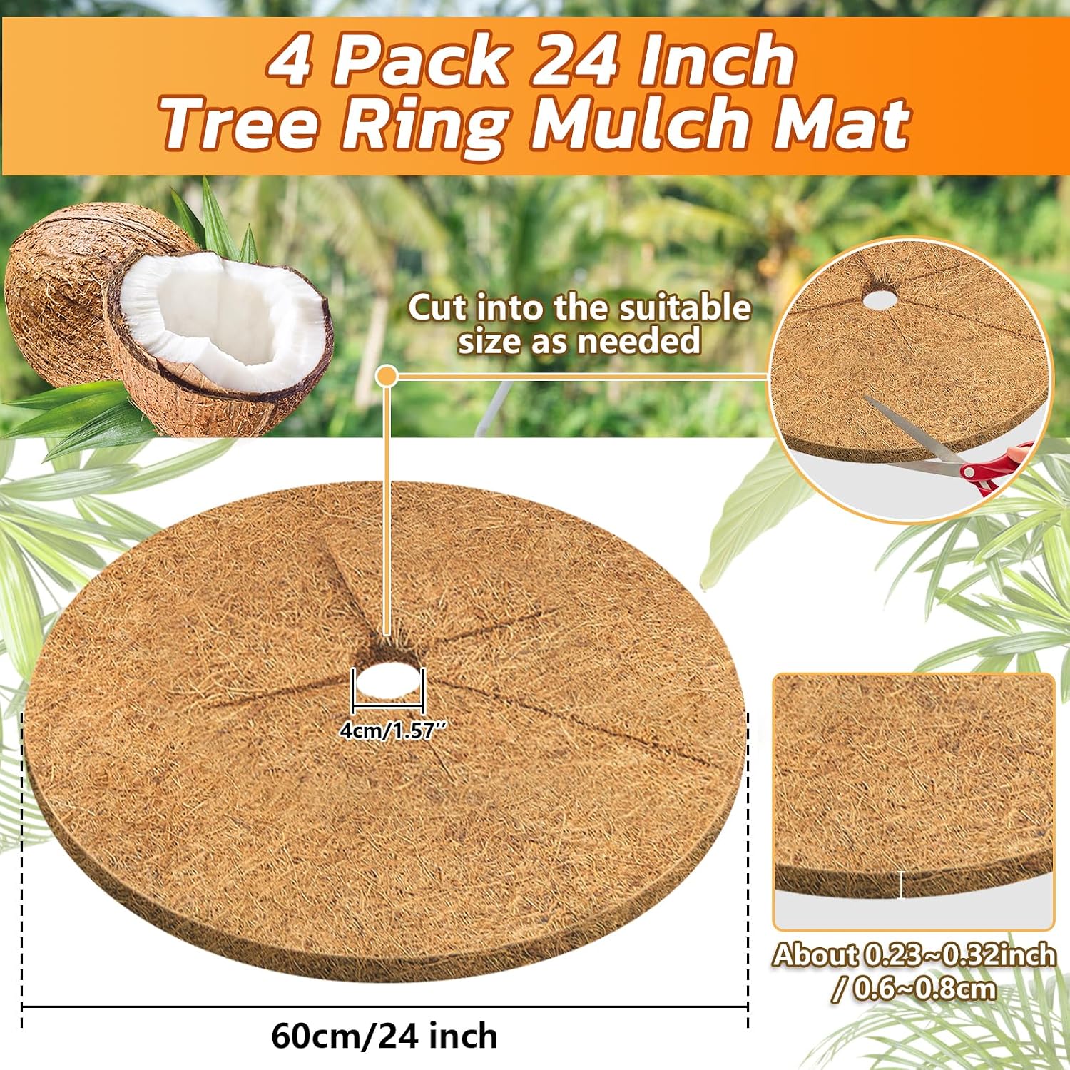 4 Pack Coconut Fiber Mulch Ring Tree Plant Protector Mat, 24 Inch | Natural Coco Coir Tree Mulch Ring Plant Pot Soil