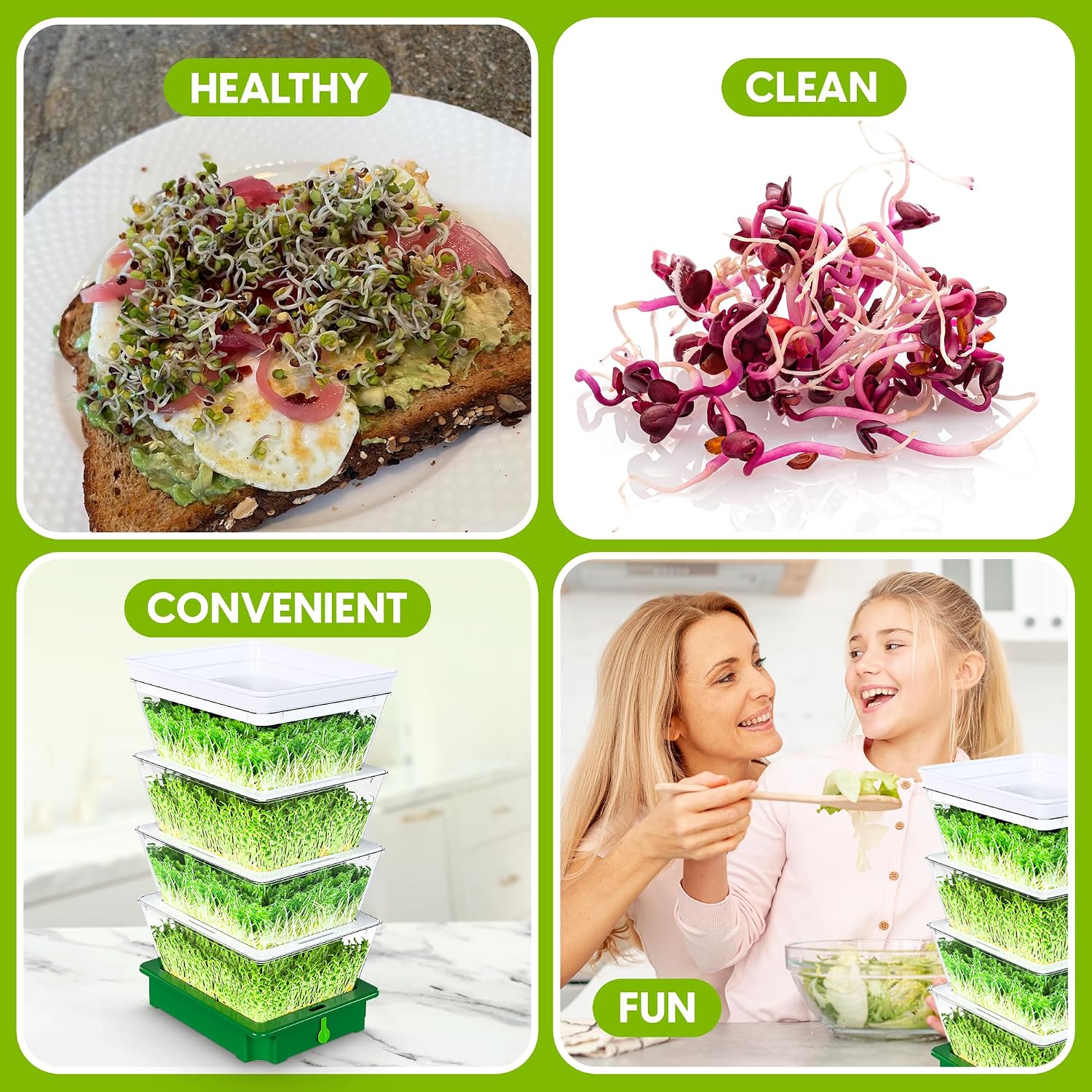 Sprouting Trays - 4-Tier Seed Sprouter with Drain Spout | 4 BPA-free stackable trays with a drain spout for easy home