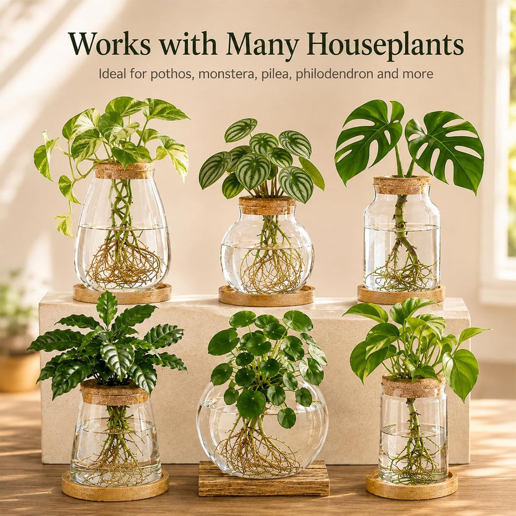 6 Pcs Plant Propagation Station Set, Glass Propagation Vases with Wooden Lids and Bamboo Bases, Plant Propagation Jars