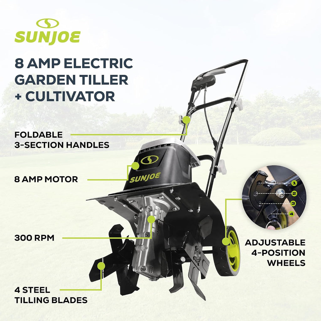 Sun Joe Electric Garden Tiller and Cultivator with 3 Position Height Adjustment Maximum 12-inch Cultivating Width and 8
