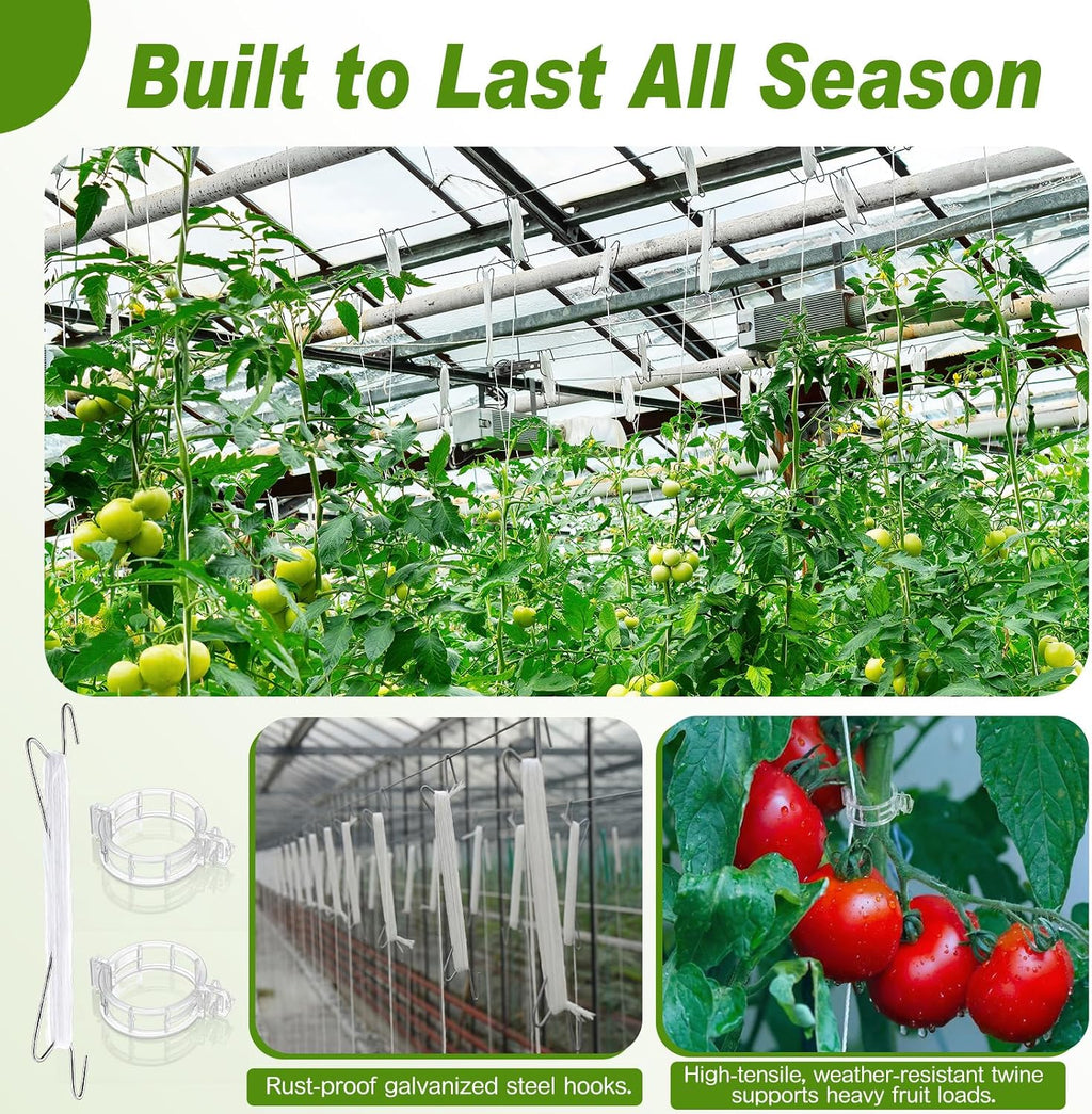 Hushee 100 Pack Tomato Hooks with 200 Garden Clips & 32.8ft String, Tomato Hooks for Climbing Plants, Heavy Duty Plant