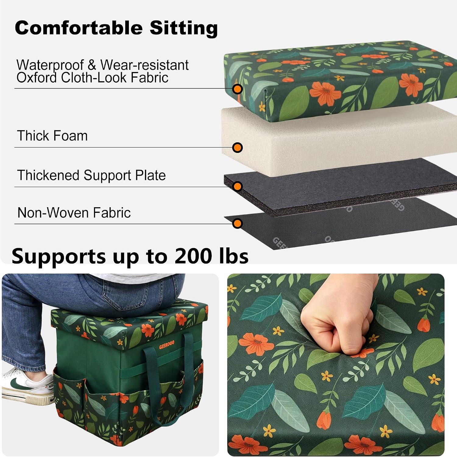 30L Collapsible Garden Seat & Storage Box, Heavy Duty Floral Organizer Bag with 10 Side Pockets, Portable Foldable